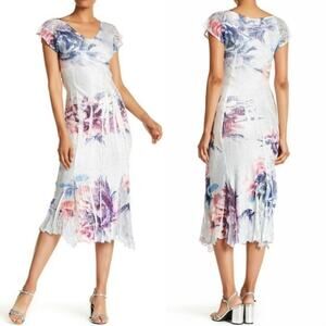 Komarov Flutter Sleeve Floral Crinkle Dress lace midi sz L